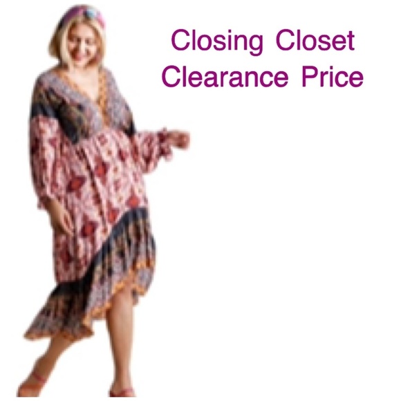 CLEARANCE- XL Umgee Boho Gypsy Multi-Print Midi Dress - Picture 1 of 5